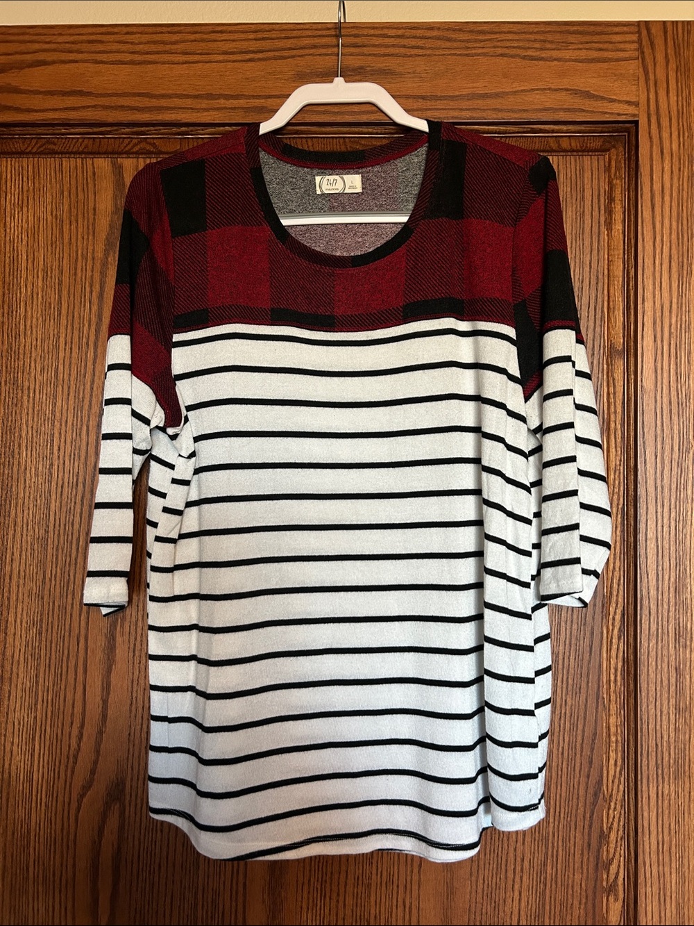 Plaid Yoke Striped Long Sleeve Top - Red/White